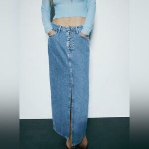 Zara Z1975 high waist blue denim midi maxi long skirt with a slit size XS